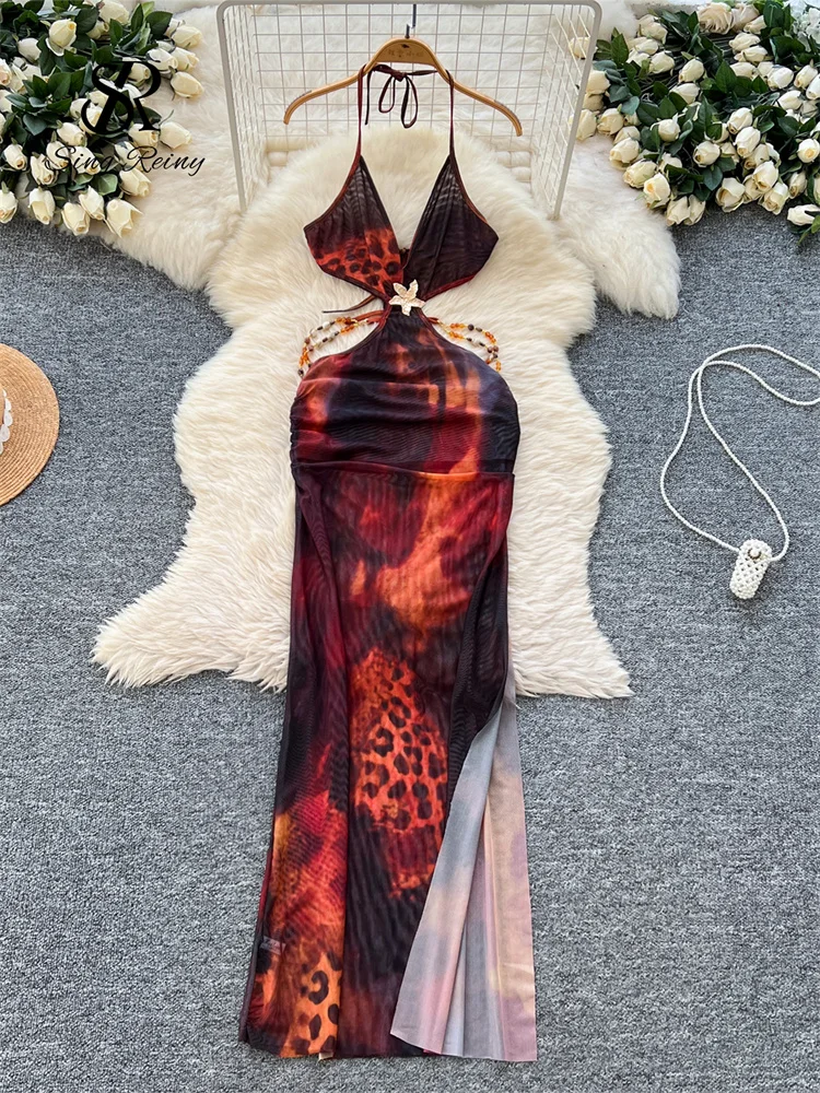 SINGREINY 2025 vestido largo bohemio de playa para mujer, vestido veraniego Sexy con cuentas de malla Halter, vestido Retro con estampado de vacaciones, vestido dividido