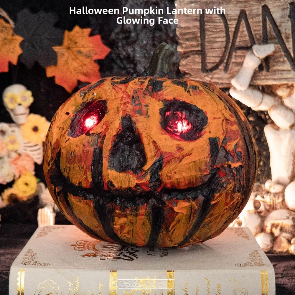 Plastic Smiling Pumpkin Lantern Halloween Glowing Decor for For haunted House 20x20x20cm Flicker Effect Indoor Decoration