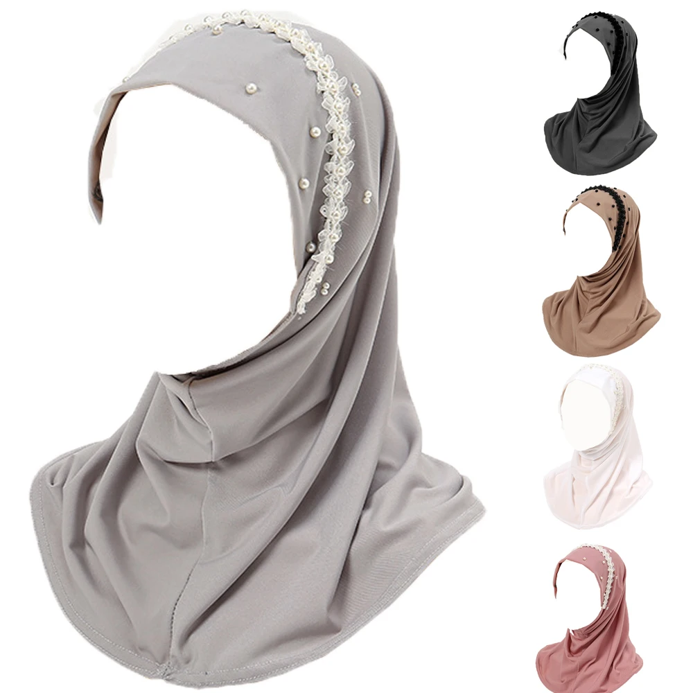 Hijab de flores de encaje con cuentas de pavo para mujer, gorro para envolver la cabeza, turbante, capucha, bufanda para la pérdida de cabello, envoltura preatada, Hijab elástico