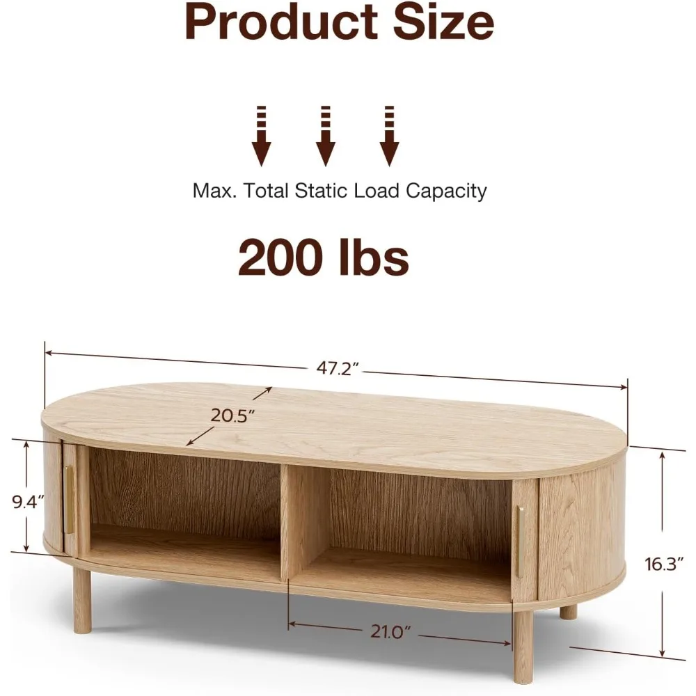 طاولة قهوة لغرفة المعيشة، طاولة قهوة بيضاوية حديثة مع خزائن وأبواب منزلقة، مساحة صغيرة للمنزل، 29.9 طاولة مركزية مخددة