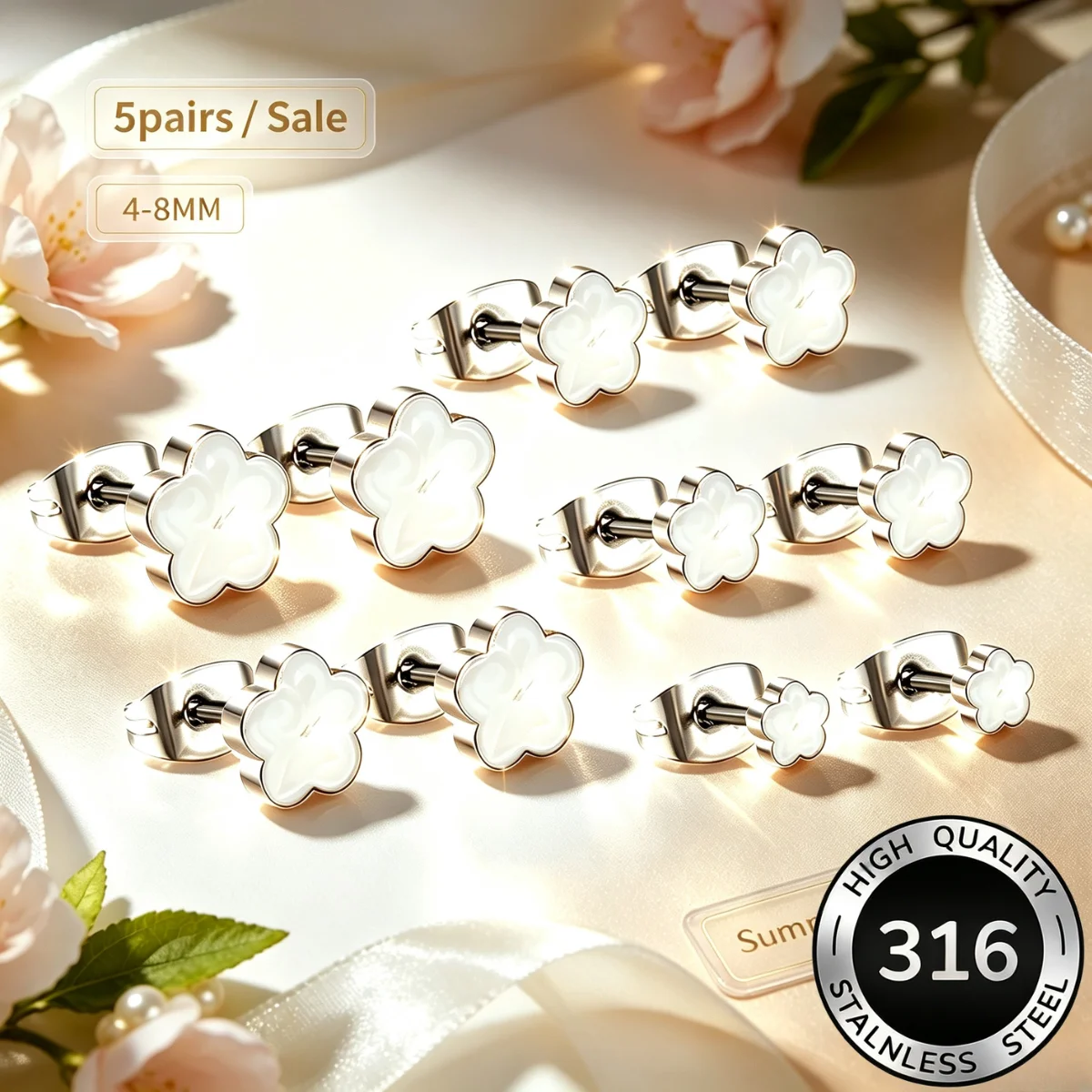 Stainless Steel 4/5/6/7/8/MM Mix Size 5pairs Romantic Flower Stud Earrings Silver Color Five Petal Blossom Earring Set Jewelry
