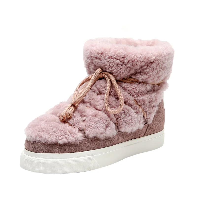 Women Ankle Boots SmallHut Winter Nature Suede Flat Shoes Elegant Ladies Beige Pink Lace Up Round Toe Wool Snow Boots