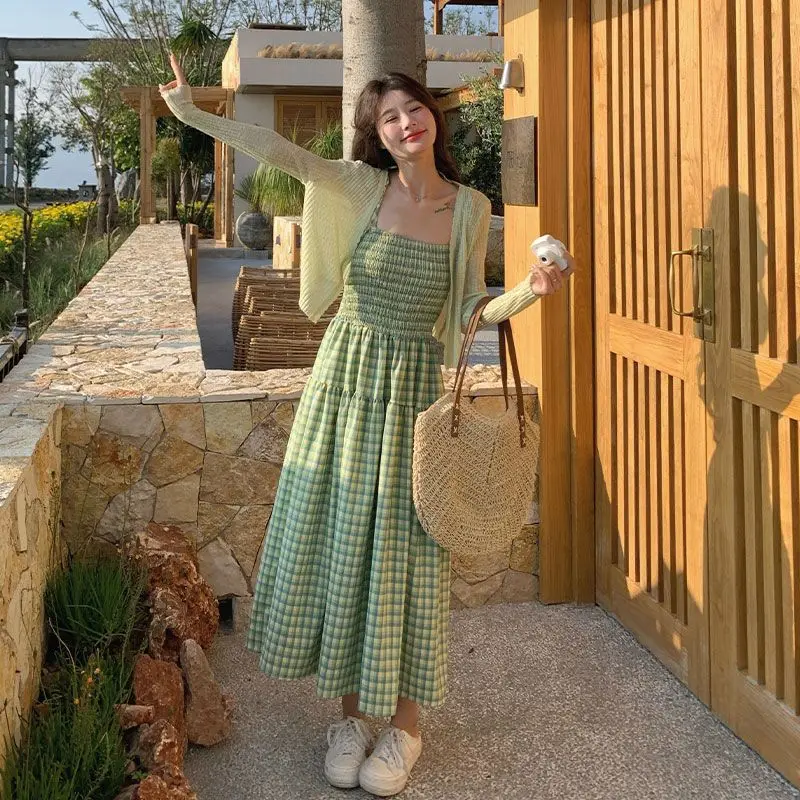 

2026 Summer New Women's Dress Casual Knitted Strap Plaid A-line Skirt