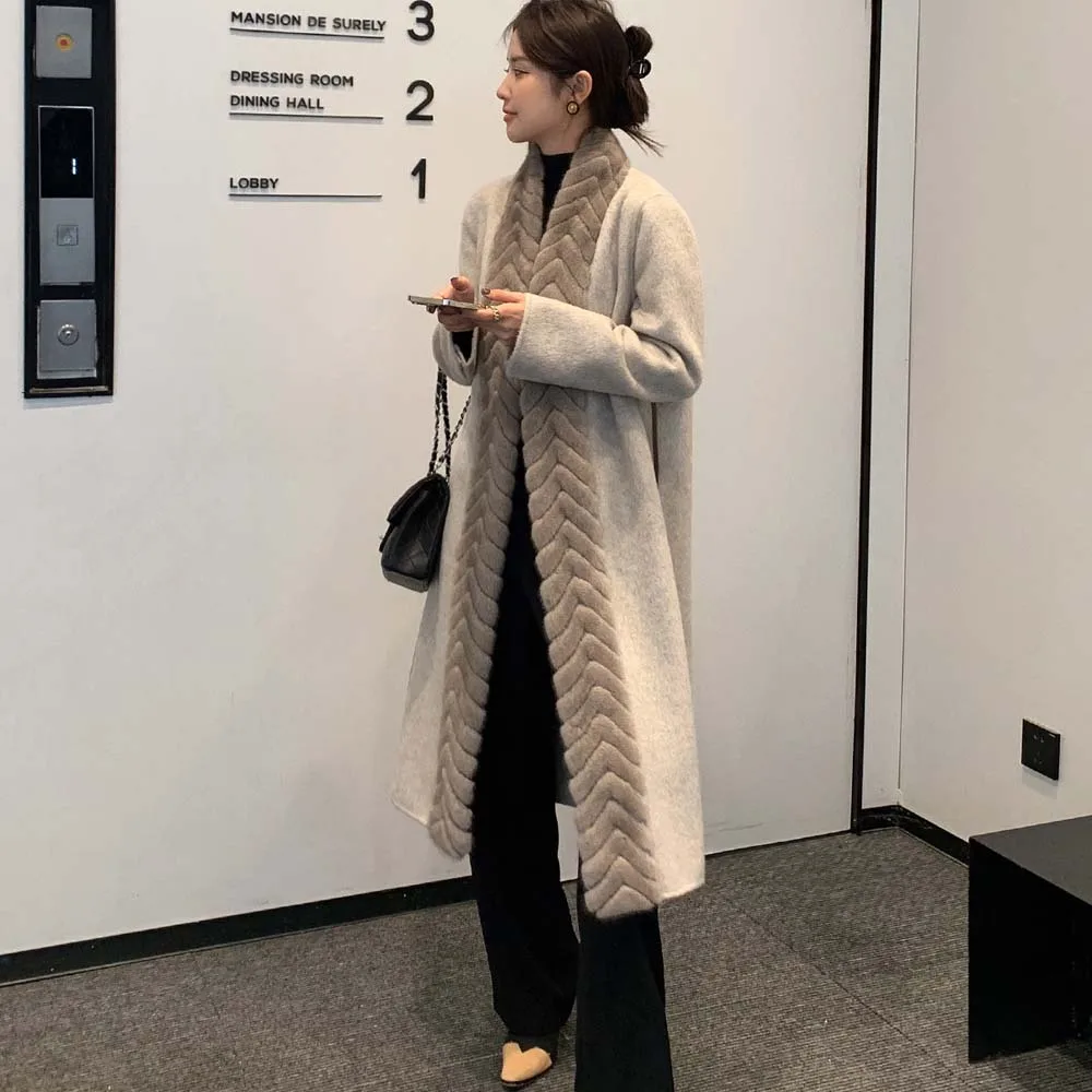 2025 inverno feminino jaqueta outerwear cinto 100% casaco de caxemira com gola de pele de vison real natural guarnição de pele de vison misturas de lã