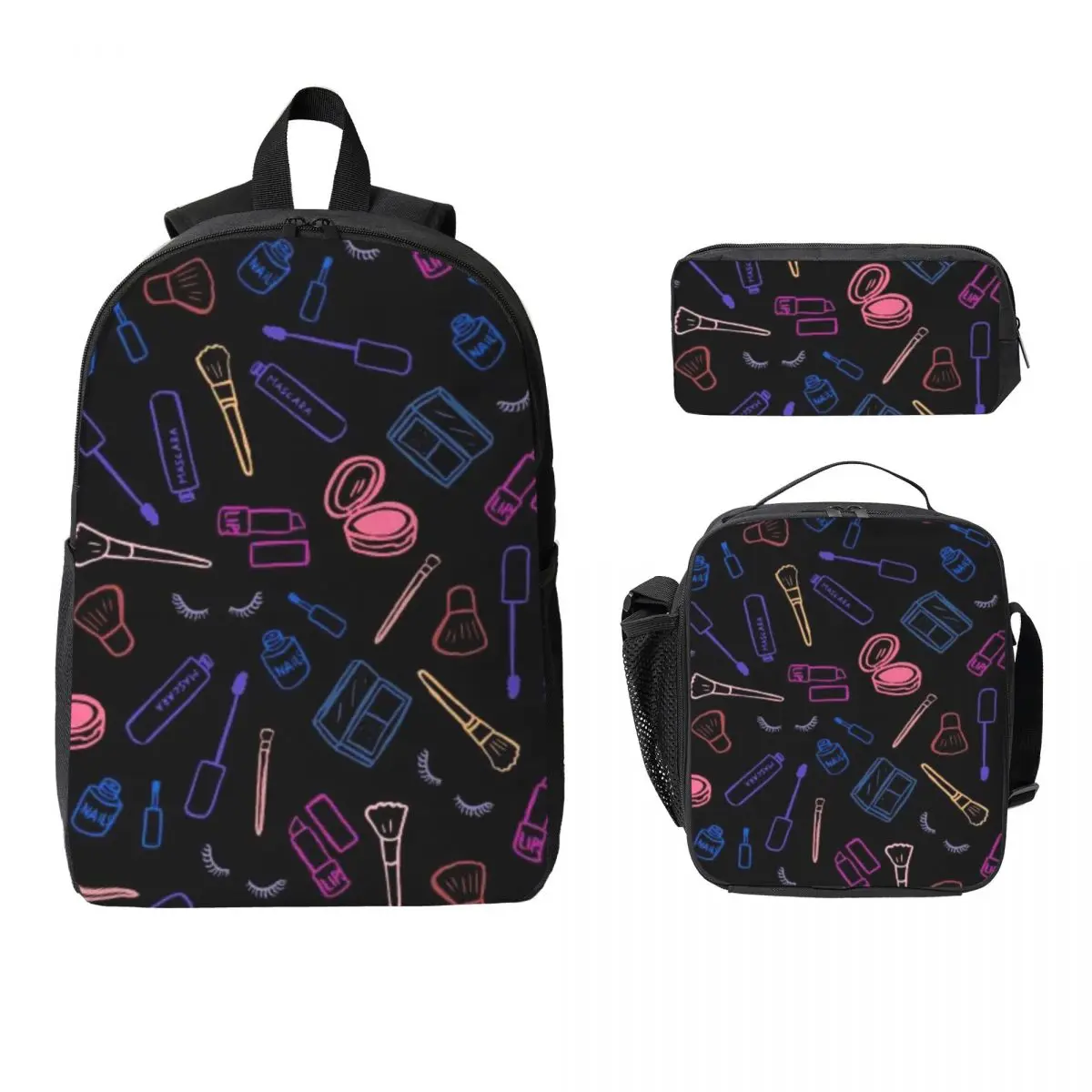 Pink Beauty Element Makeup Backpack Boys Girls BookBag School Bag Computer Shoulder Bags 3ps Insulated Lunch Bag Pencil Case