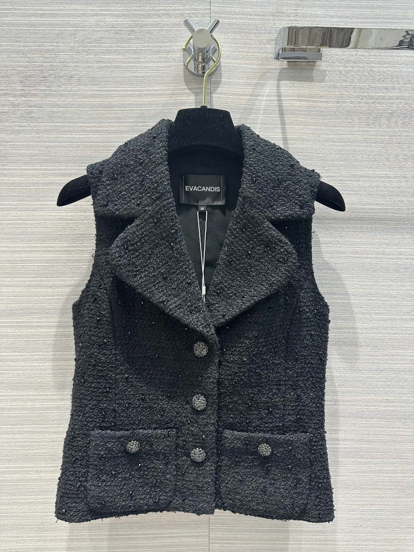 

EVACANDIS Silk Lining High Quality Women Autumn Winter New Tweed Vest Coat Turn-down Collar Single Breasted Elegant Solid Tops