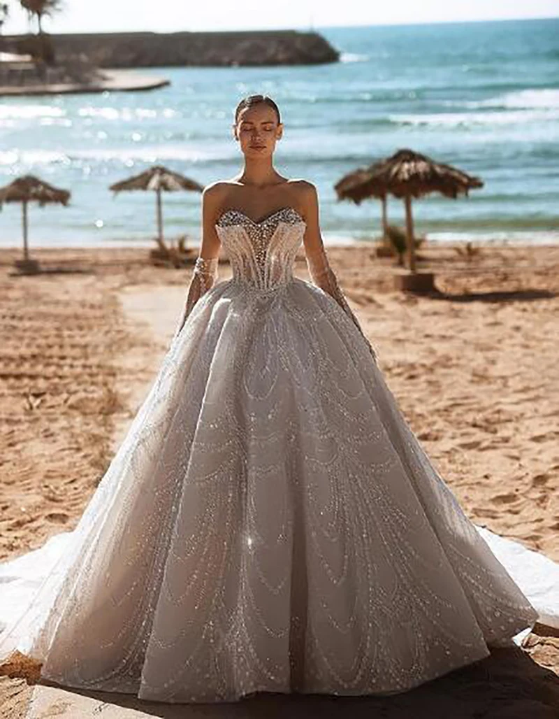 Summer Beach Gorgeous A Line Wedding Dresses Sweetheart Sequined Pearl Bridal Gown Sweep Train Vestidos De Novia Custom Size