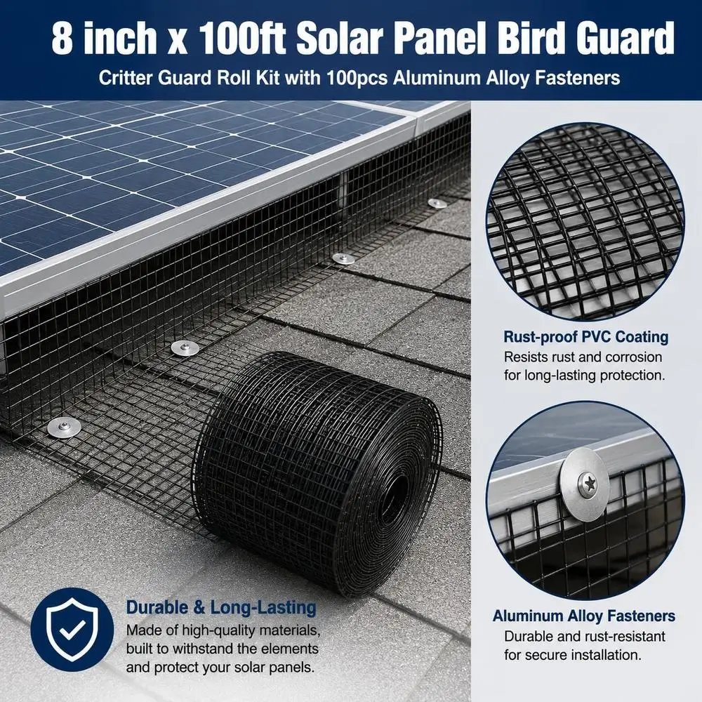 Vogelschutz für Solarmodule, 20,3 x 30,5 m, Taubenabwehr-Gitter für Solarmodule mit 100 Aluminiumlegierungs-Befestigungselementen, Solarmodul-Schutz mit rostfreier PVC-Beschichtung, 1,27 cm
