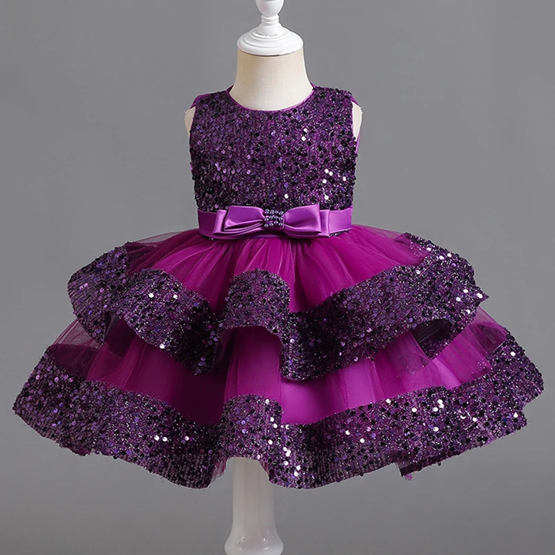 New Children\'s Princess Dress Sequin Multi Layered Dress with Bow Knot Puffy Dress Baby Birthday Party Sleeveless Evening Dress