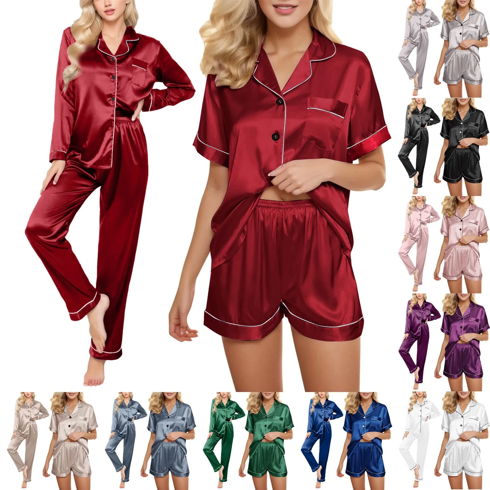 4 Pieces Pajamas Sets For Women Satin Solid Color Shirts With Shorts Pants Pijama 2024 Autumn Ice Silk Home Clothes Home Wear