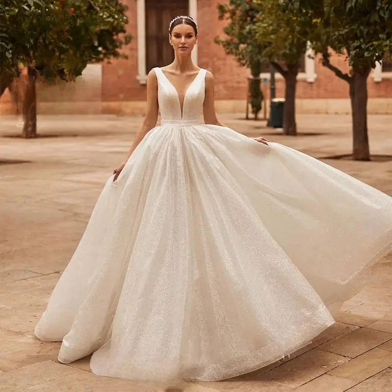 

V-neck Sleeveless Wedding Dress 2024 New Simple Backless A-Line Court Train Princess Bride Gown SwanSarah Vestido De Novia