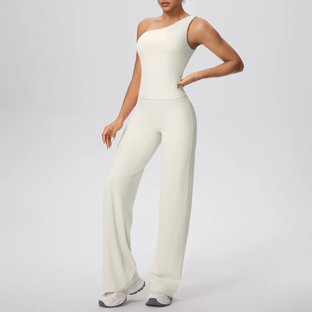 

Новый костюм для йоги персикового цвета с высокой талией, спортивный костюм для фитнеса, тонкий комплект на одно плечо с открытой спиной, повседневная одежда для бега, тренировок, спортивная одежда для спортзала