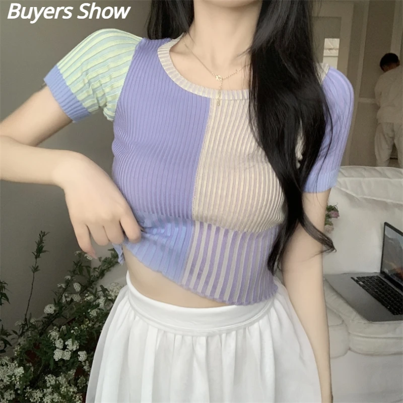 Kpop Korean Singer Summer Women Concert Costume Sexy Knit Short Sleeves T-shirt Slim Crop Tops Street Dance Performance Clothing