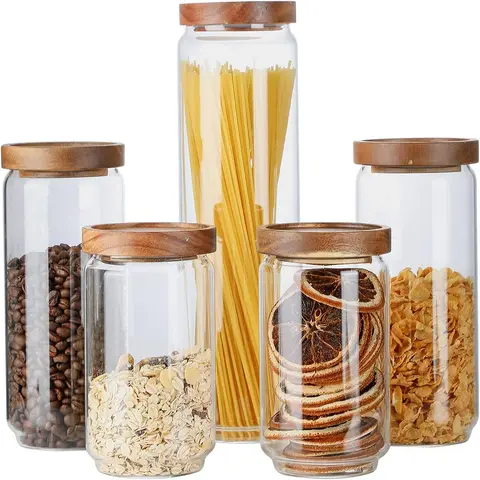 4 Sets Available,2Pcs Glass Food Storage Jars, Kitchen Containers With Airtight Acacia Wooden Lids for Pasta,Cookies,Nuts,Coffee