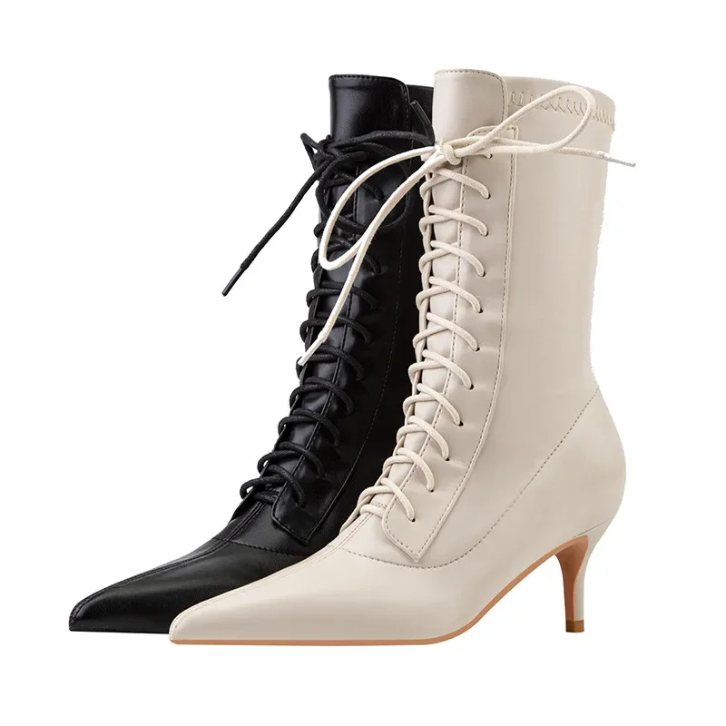 Lace Up Leathers Black High Ankle Boots Pointed Toe Fashion Brand Designer Short Boot Fine Heel Sexy Fall Winter High Heels