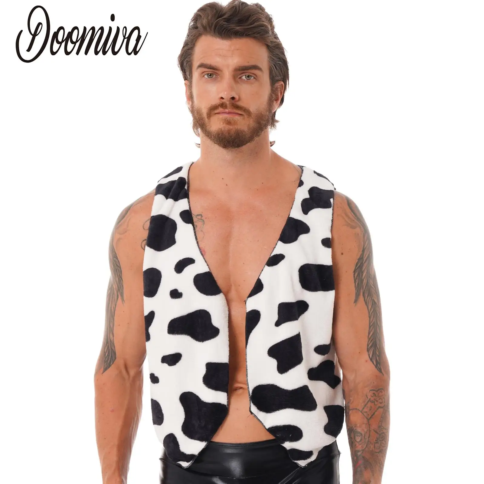 Men's Cow Printed Flannel Waistcoat Tops Hippie Costume Halloween Carnival Open Front Sleeveless V Neck Vest Cardigan Show Coat