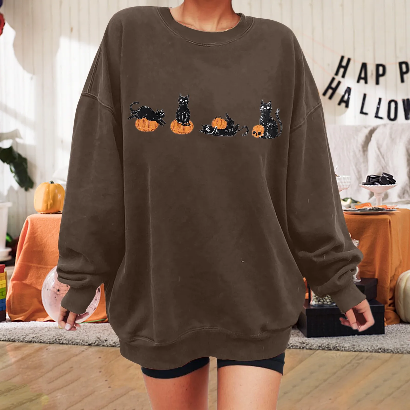 Halloween Sweatshirt Cat Pullover Halloween Cat Sweater Ghost Top Spooky Season Sweatshirts Unisex Long Sleeve Graphic Hoodies