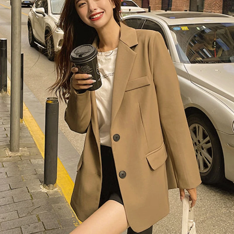 Blazers Women Office Lady Vintage Spring Solid Casual Long Sleeve Loose British Style Fashion All-match Ulzzang Notched Elegant