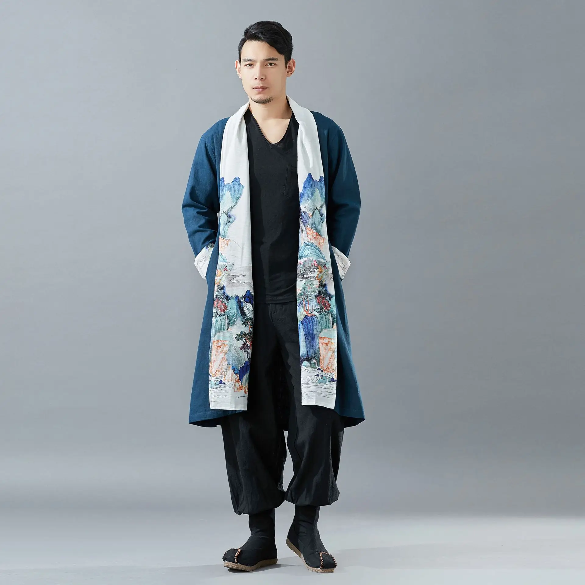 

Autumn and Winter New Men's Retro Chinese Style Patchwork Landscape Windbreaker Cotton Linen Men's Mid-Length Creative Style
