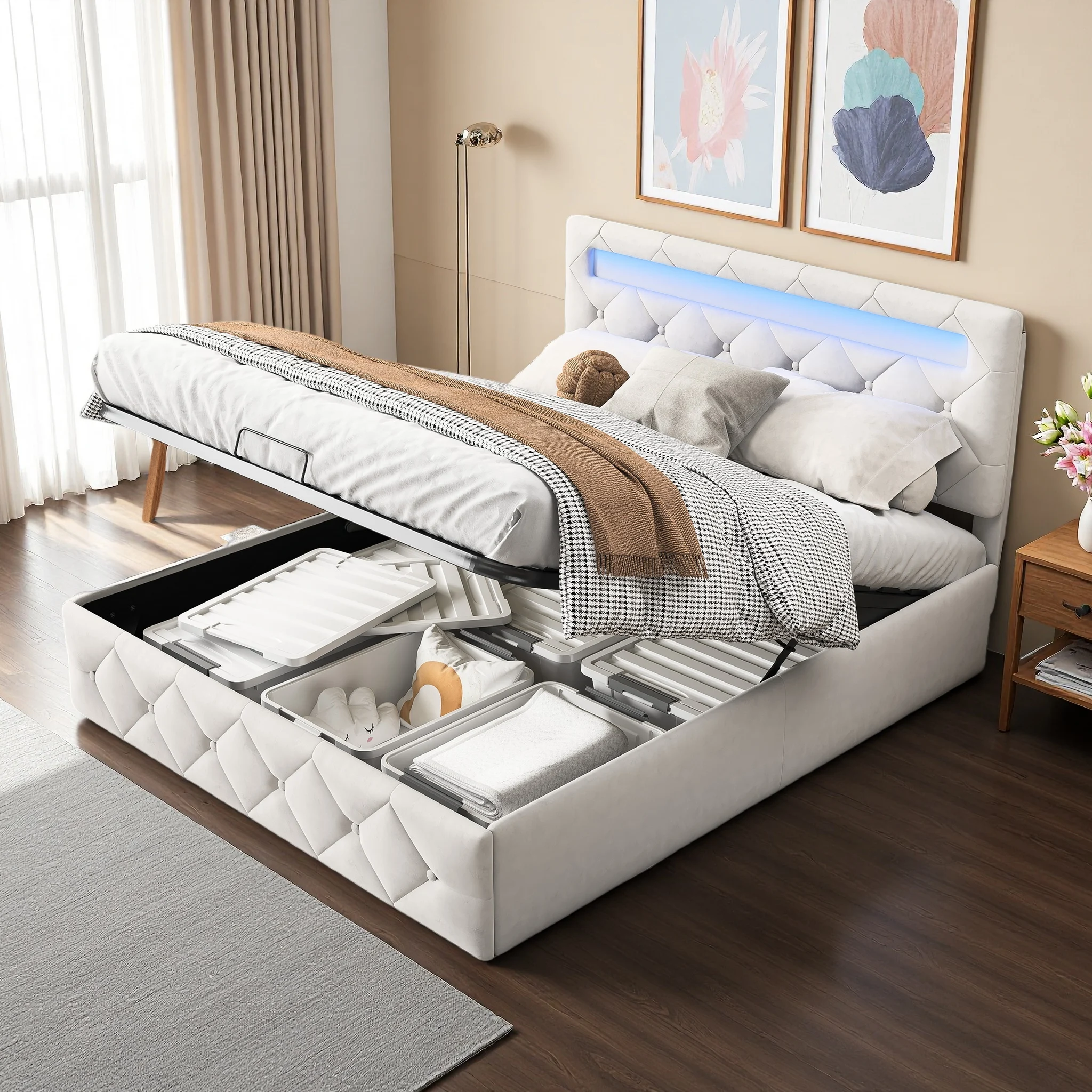 fangange Modern tweepersoonsbed Gestoffeerd bed 140/160x200 cm Opbergruimte Hydraulisch bed Elegant tweepersoonsbed, beige fluweel, zonder matras
