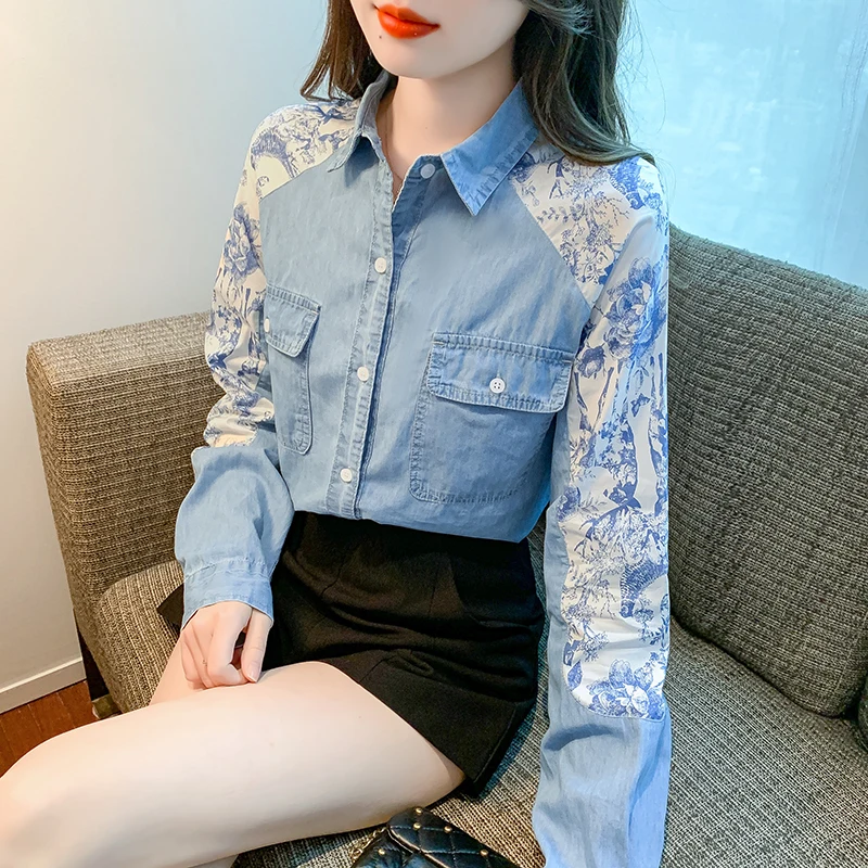 Denim Women\'s Shirts Printed Patchwork Loose Vintage Blouses Ladies Clothing Fashion Long Sleeves Spring/Summer Tops