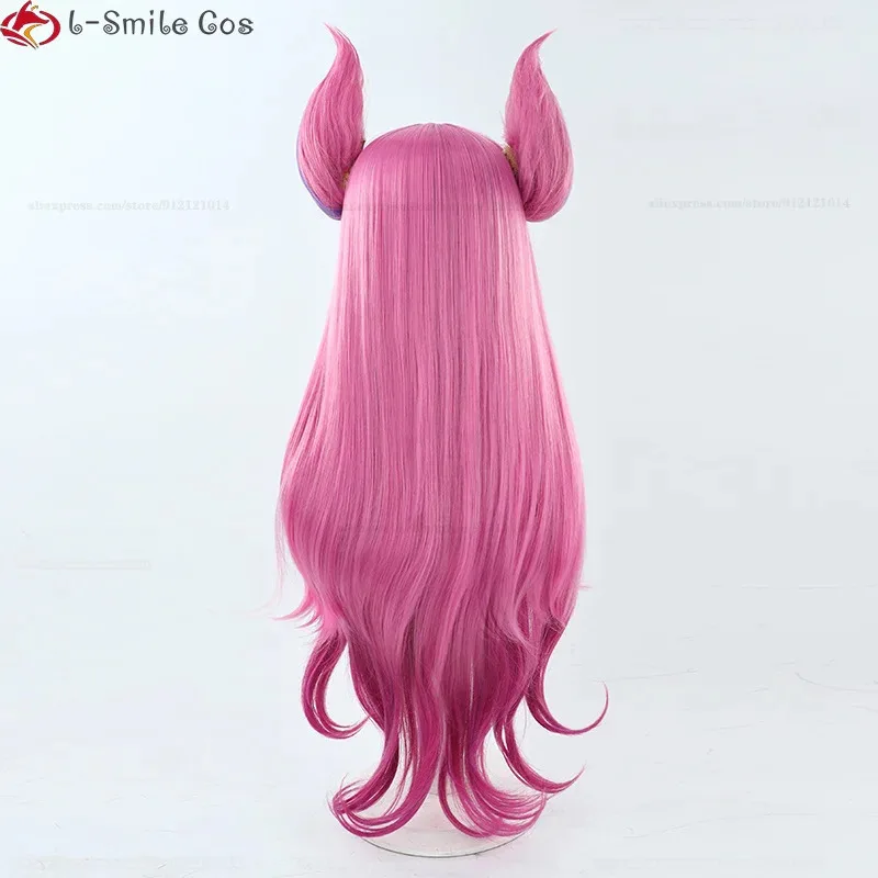 Dd12game lol star guardião peruca cosplay 90cm longo rosa gradiente kaisa anime perucas com orelha resistente ao calor cabelo sintético