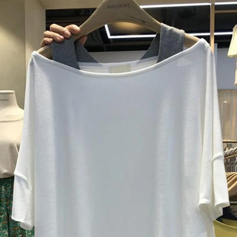 Korean Style Summer Oversize Women\'s Clothing Round Neck Off Shoulder Hollow Out Sling Fake Two Pieces Tops Women Loose T-shirt