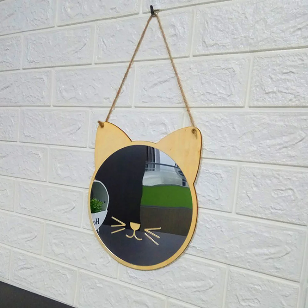 

Wooden Frame Acrylic Cat Shape Wall Mirror Hanging Type Cartoon Mirror Safe Acrylic Flat Surface Reflects Light Easily Removable