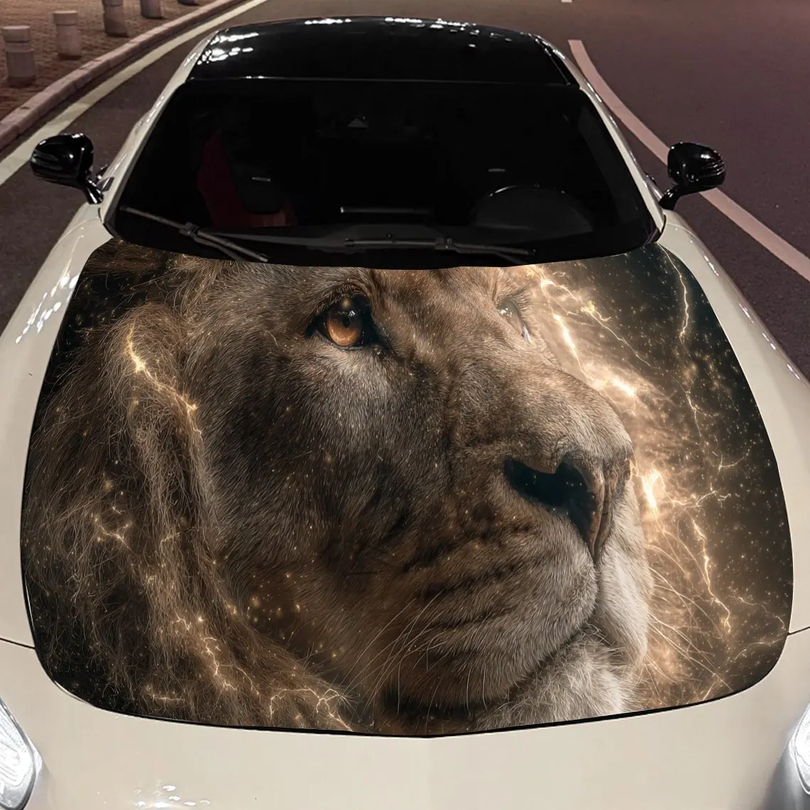 Mighty Lion with Golden Lightning Car Engine Hood Sticker, Auto Vinyl Wraps, Waterproof Self-adhesive Vehicle Decal, Durable & A
