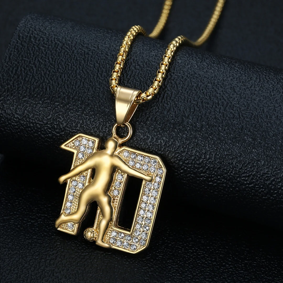 Hip Hop Football number 10 Iced Out Shiny CZ Pendant Men Gold Silver Color Stainless Steel Sports Necklace for Women Jewelry