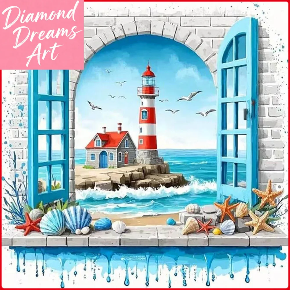 

Безрамная 5D алмазная вышивка DIY: Морской маяк и ракушки. Новая коллекция 2025. Декоративная картина.