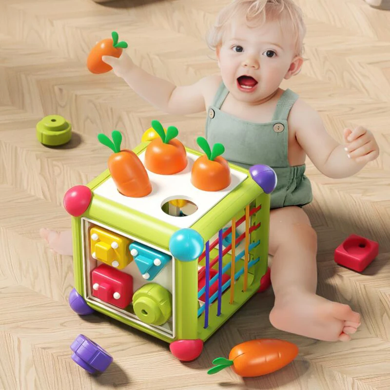 Cubo de atividades para bebês 6 em 1, brinquedo educacional montessori, blocos de empilhamento, quebra-cabeças, 6 a 12 meses, classificador de formas infantis, brinquedos de treinamento sensorial