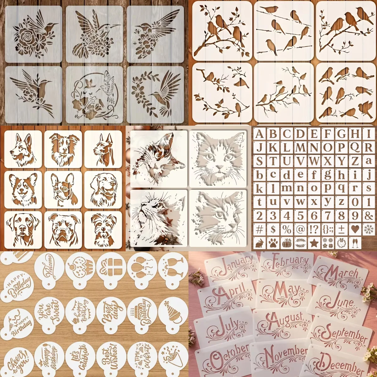 Juego de Plantillas Reutilizables de 7 Estilos, Plantillas de Colibríes/Aves/Perros/Gatos/Alfabeto/Cumpleaños/Mes para Pintura y Manualidades