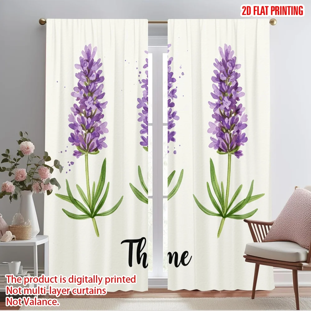 

2pcs 2D flat printing Curtain Watercolor Lavender Thyme Flowers Polyester Without Electricity Holiday Decorations for Outdoor