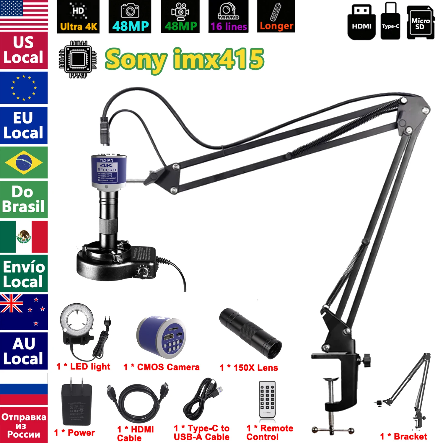 4K 48MP industriële microscoop met verbeterde standaard, 150X digitale videomicroscoop met USB-C HDMI-poort voor PCB-soldeerreparatie, Verzending vanuit Europa, snelle levering.
