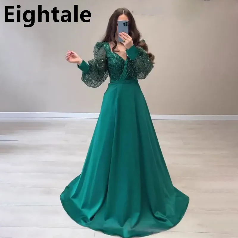

Green Satin Plus Size A Line Evening Dress Sparkly Long Sleeves V Neck Sequins Satin Custom Made Formal Prom Party Gown vestidos