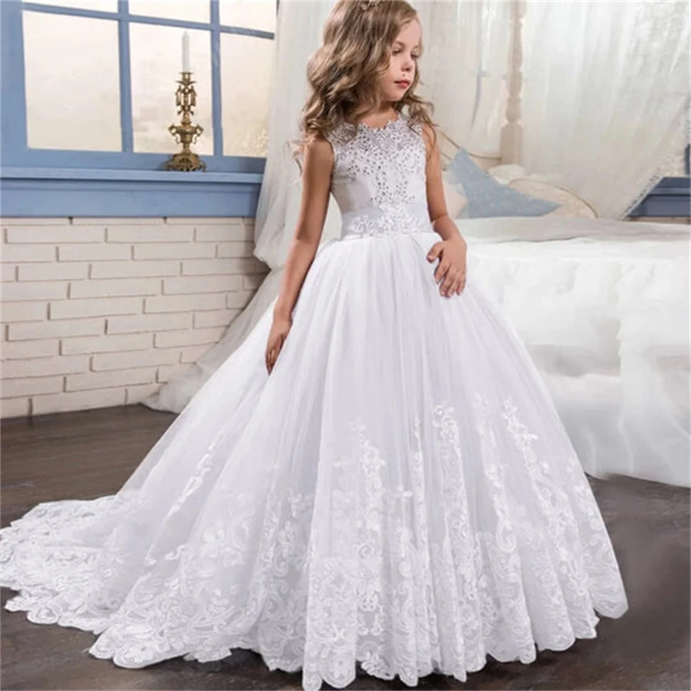 

Crystals Luxury Long Ball Wedding Flower Girl Dress Applique O Neck Sleeve Long Ball Formal First Communion Gown Customized 2025