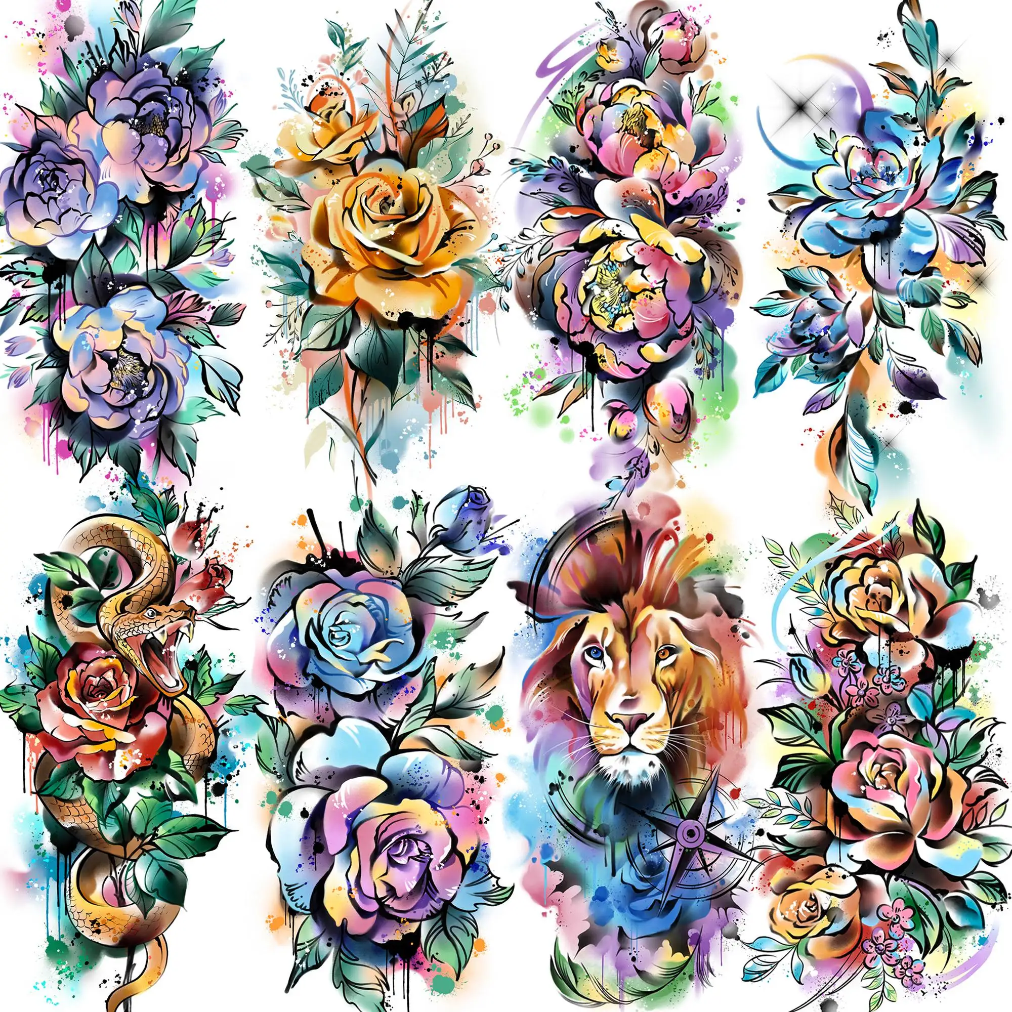 8 Sheets 3D Watercolor Flower Temporary Tattoos For Women Adults Lion Compass Flower Tattoos Fake Floral Peony Rose Tatoos Paste