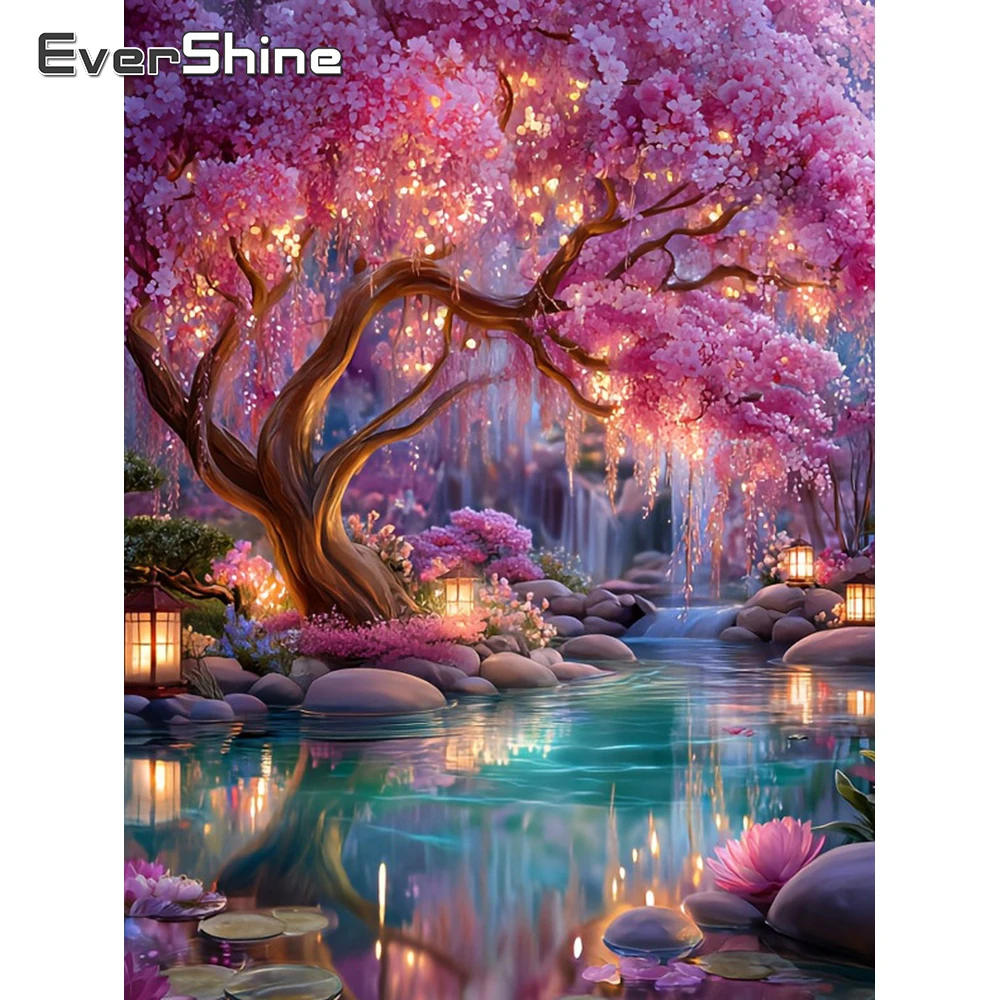 EverShine Diamant-Gemälde, Landschaftsbild, Strasssteine, Mosaik, Kirschblüte, voller Bohrer, Stickerei, Wanddekoration