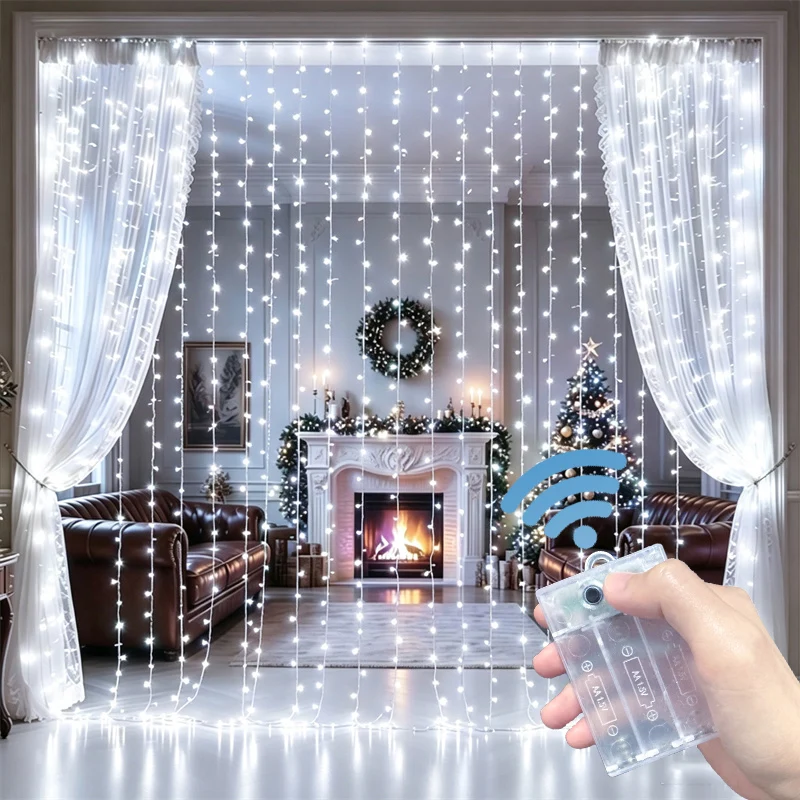 Christmas LED Curtain String Lights 8 Modes AA Battery Powered Bay Window Lights Wedding Valentine's Day Garden Halloween Decor