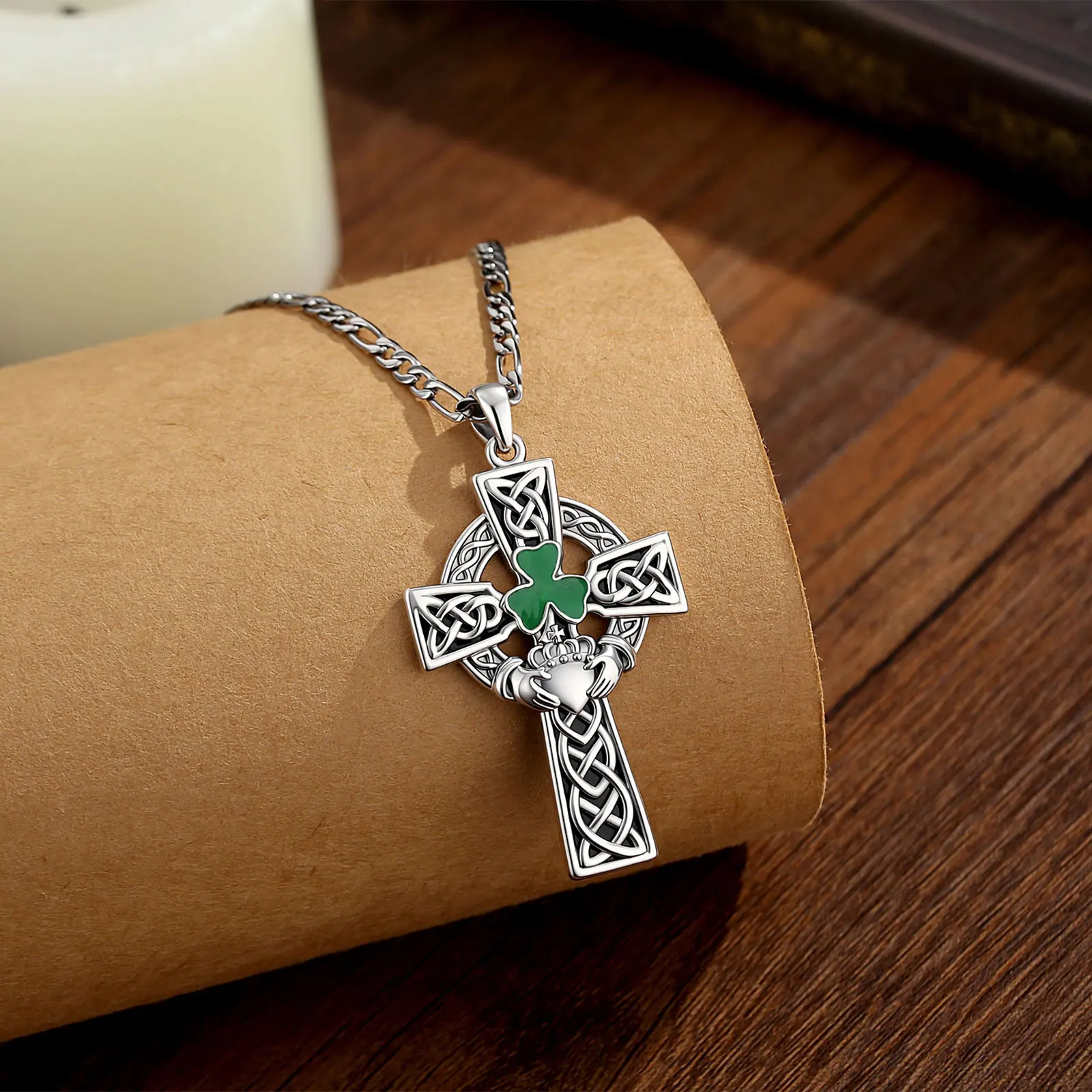AEONSLOVE Vintage Celtic Knot Cross Necklace for Women Men Obsidian Shamrock Clover Claddagh Pendant Amulet Irish Jewelry Gift - view 2