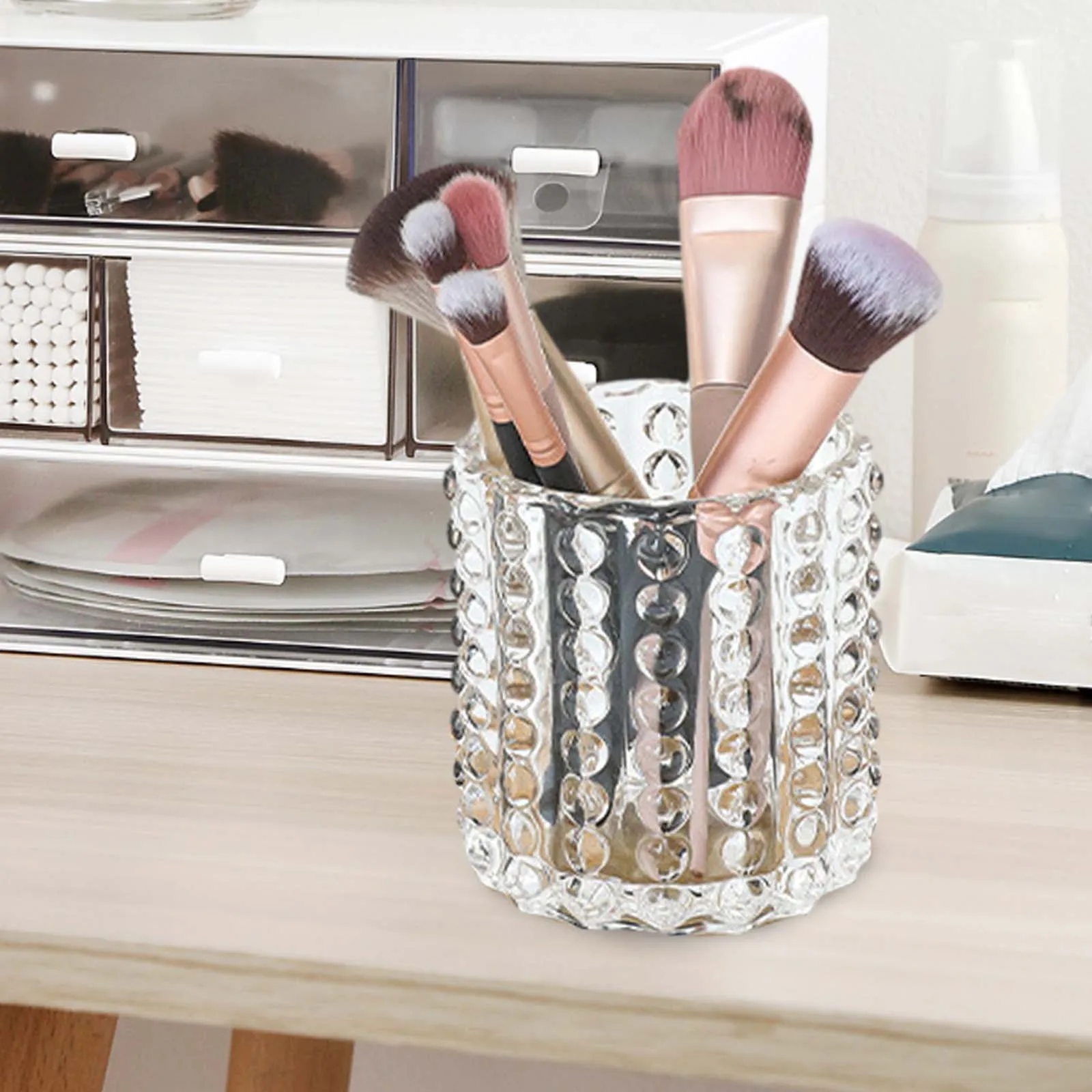 Glass Makeup Brush Holder Markers Pen Storage Organizer Cosmetic Storage Cup for Bedroom Desktop Travel Vanity Office Desk