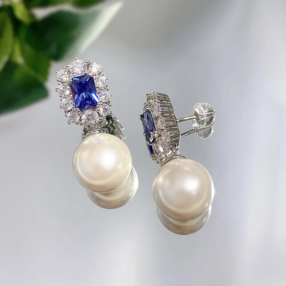 Vintage Noble 100% 925 Real Silver 12mm Pearl Sapphire Drop Earrings for Women Lab Diamond Gemstone Wedding Fine Jewelry Gifst