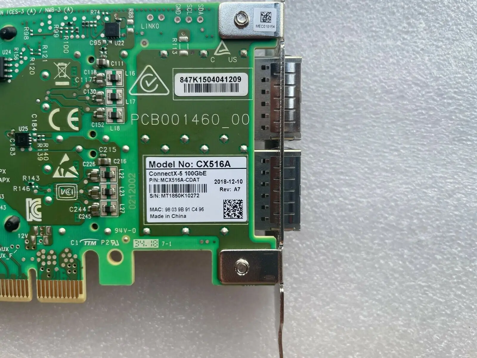 Mellannox CX516A Connectx-5 MCX516A-CDAT 100GB Network Adapter Dual Port QSFP28