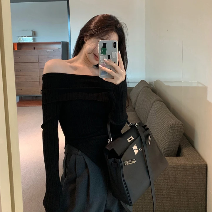 Schulterfreies Strickoberteil für Damen, langärmelig, schulterfrei, gerippter Strickpullover, Damenpullover, Y2K-Outfit