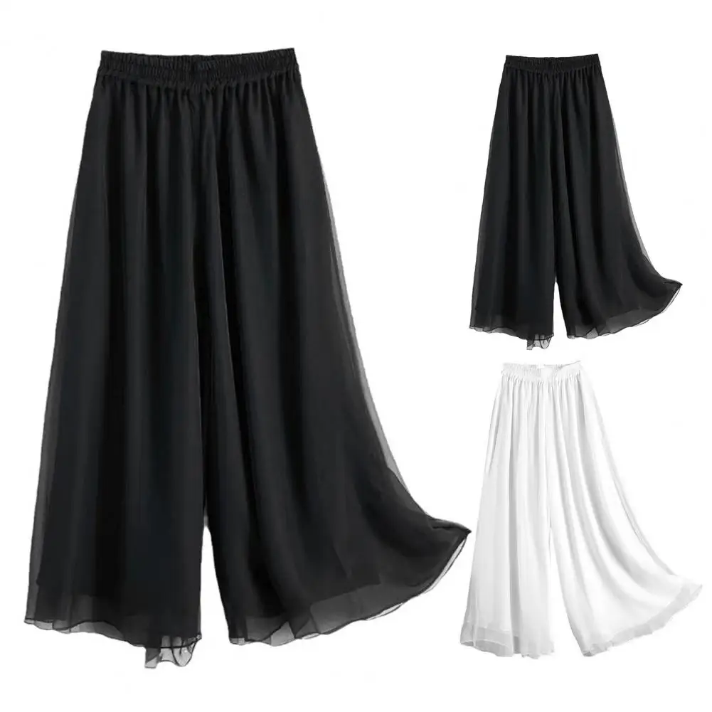 Pantalon de danse à jambe large pour femme, pantalon à double couche, décontracté, monochromatique, bureau, vacances, élastique, taille haute