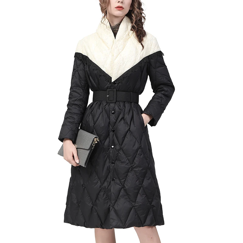 Fashion Women Long Sleeve Winter Down Dress Lace Spliced High Waist A-Line Knee-length Long Duck Down Trench Coat With Belt