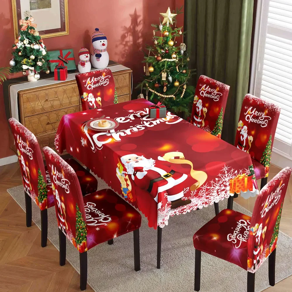 

1SET Christmas waterproof printed tablecloth restaurant home printed chair cover Christmas tablecloth chair cover decoration set