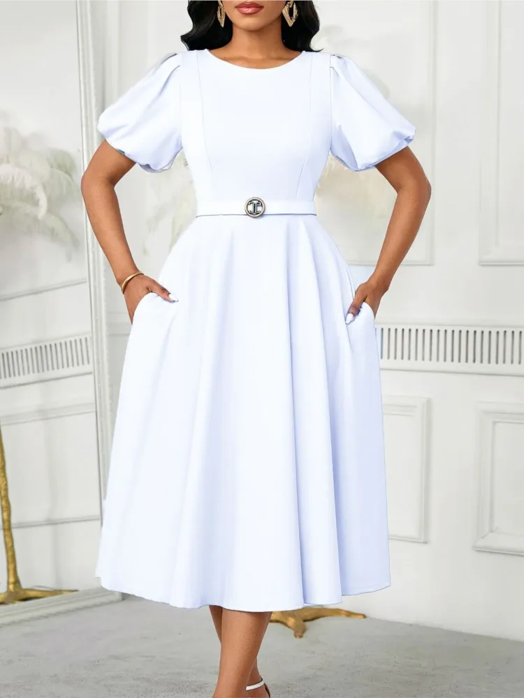 

Lady Elegant Solid Dress Fashion Puff Sleeve O Neck High Waist Sashes Loose Dresses For Women Casual Formal Evening Party Skirts