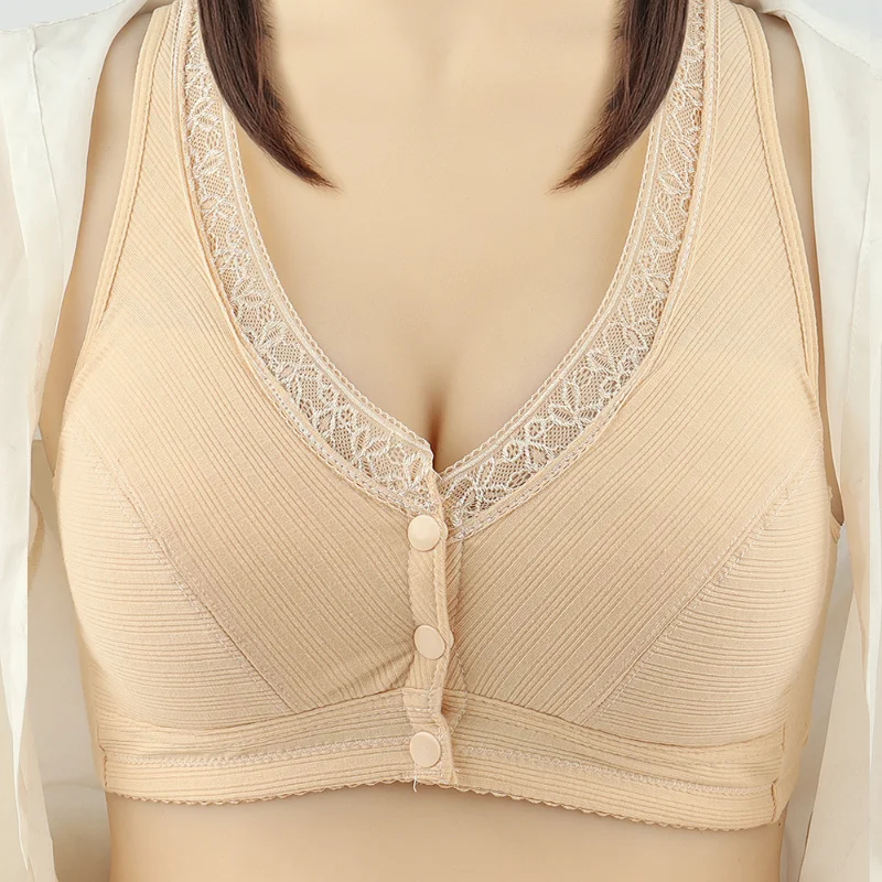 New Lace Front Button Underwear Thread Cloth Soft Cotton Tank Top Style Medium And Old Age Large Size Ribless Bra